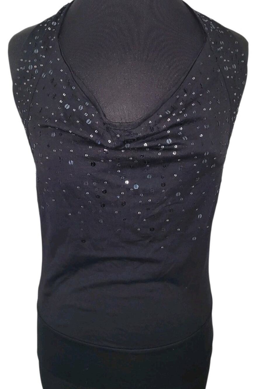 BCBG Maxazria Halter Top 100% Silk Black Sequin Detail Medium Party Holiday